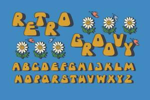 Vector retro groovy 3d alphabet. Stylized isolated letters with 3d flat effect with daisies and butterflies. Perfect for nostalgia lettering design, typographic illustration