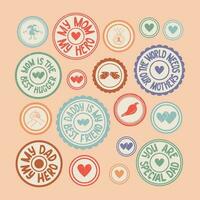 Vector retro groovy stamp set with saying about moms and dads. Round isolated stickers with scratches and attrition on retro background. Perfect for decoration, greeting cards, postcards