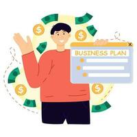 Business. Young businessman. Concept design. Icon. A man is engaged in a business idea. Plan. Money. vector