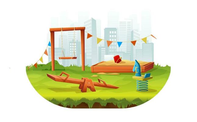 Cartoon style illustarion of kids outdoor playground with swings, slides and sand pit.