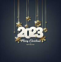 Vector illustration Merry Christmas and happy new year background. Holiday greeting banner, flyer and card. Dark background with golden hanging background and 2023 numbers.
