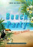 Vector summer party banner template with exotic flowers and tukan bird. Vertical orientation.