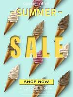 Vector summer sale banner template. Red background with ice cream pattern.