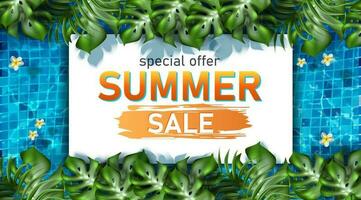 Vector summer sale banner template with swimming pool textures and exotic plants.