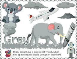 A Grey Poster includes the written color name and various objects that are that color. Ideal in the classroom and a great addition as a word wall. With logic, critical questions for smart kids vector