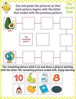 Logic Worksheet For kids, Cut and paste the pictures, educational letters game, fine motor skills, enjoy learning, avocado, orange, eight, ten, notebook, ketchup, pear, rug, globe, and milk vector