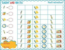 matemático hoja de cálculo contar y escribir para niños, números 1 a 9, aprendizaje matemáticas para niños vector