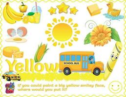 A Yellow Poster includes the written color name and various objects that are that color. Ideal in the classroom and a great addition as a word wall. With logic, critical questions for smart kids. vector