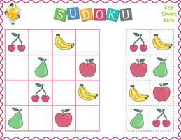 sudoku para niños, es un educativo juego. dibujos animados Fruta s manzana, banana, pera, y cereza. utilizar tijeras y pegamento a llenar en el desaparecido elementos. lógico pensando con multa motor habilidades para niños vector