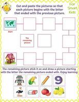 Logic Worksheet For kids, Cut and paste the pictures, educational letters game, fine motor skills, enjoy learning, map, pencil, lemon, nine, eraser, robot, tomato, ostrich, house, and corn vector