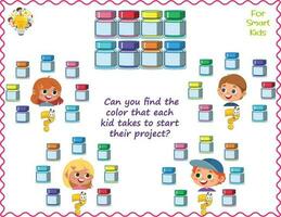 Logic puzzle for children. Can you find the color that each kid takes to start their project. Educational game. Page for kids brain teaser book. Task for attentiveness. vector