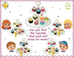 Logic puzzle for children. Can you find the cupcake that each kid chose for mom. Educational game. Page for the kids brain teaser book. Task for attentiveness. vector