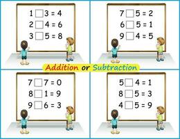 Math printable activity worksheet for kids. Developing numeracy skills. Number range up to 9. Addition or Subtraction. Vector illustration.