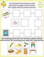 Logic Worksheet For kids, Cut and paste the pictures, educational letters game, boat, table, egg, gold, door, radish, honey, yellow, window, and chair, fine motor skills, enjoy learning vector