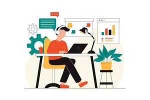 Businessman Analyzing Data and Doing Business Planning. Vector Flat Illustration