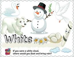 A White Poster includes the written color name and various objects that are that color. Ideal in the classroom and a great addition as a word wall. With logic, critical questions for smart kids. vector