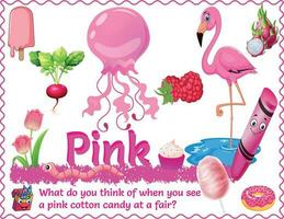 A Pink Poster includes the written color name and various objects that are that color. Ideal in the classroom and a great addition as a word wall. With logic, critical questions for smart kids. vector