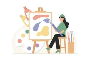 Female painter is painting on the canvas. Vector Flat Illustration