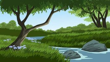 hermosa bosque con río y rocas vector