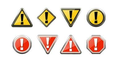 3d realistic vector icon set. Warning signs in yellow and red color, isolated on white background.