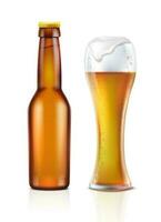 3d realistic vector icon. Brown transparent beer bottle with beer mug with foam. isolated on white background.