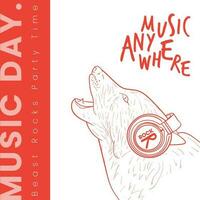 Music poster or music cover template with wolf listening music with headphone design vector