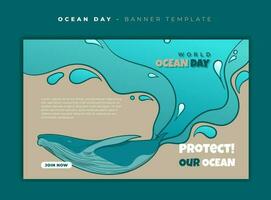 Banner template with cartoon of whale and water effect in abstract design for ocean day template vector