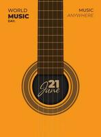 World music day template in yellow background with June 21 text on sound hole of guitar design vector