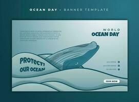 Banner template with whale in cartoon design and water with paper cut effect for ocean day design vector