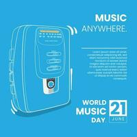 World music day with vintage music player portable or portable cassette player in line art design vector