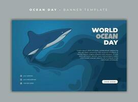 Banner template design with shark in cartoon design and blue abstract background for ocean day vector