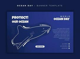 Banner template design with white line art of shark for world ocean day design vector