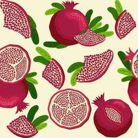 Pomegranate fruit seamless pattern. Bright leaves and fruits, seeds and lobules. Shana Tova seamless pattern vector