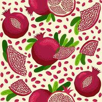 Pomegranate fruit seamless pattern. Bright leaves and fruits, seeds and lobules. Shana Tova seamless pattern vector