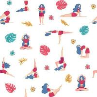 Yoga seamless pattern woman is engaged. Yoga poses, lotus, monstera. Health of mind and body vector