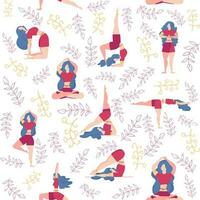 Yoga seamless pattern woman is engaged. Yoga poses, lotus, monstera. Health of mind and body vector