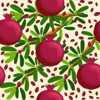 Pomegranate fruit seamless pattern. Bright leaves and fruits, seeds and lobules. Shana Tova seamless pattern vector