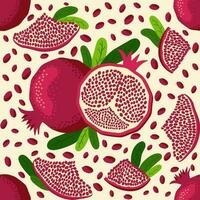 Pomegranate fruit seamless pattern. Bright leaves and fruits, seeds and lobules. Shana Tova seamless pattern vector