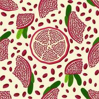 Pomegranate fruit seamless pattern. Bright leaves and fruits, seeds and lobules. Shana Tova seamless pattern vector