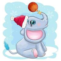 linda dibujos animados elefante, infantil personaje con hermosa ojos vistiendo Papa Noel sombrero, bufanda, participación regalo, Navidad pelota vector