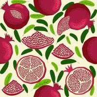 Pomegranate fruit seamless pattern. Bright leaves and fruits, seeds and lobules. Shana Tova seamless pattern vector