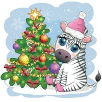 Merry Christmas and Happy New Year greeting card with cute zebra in santa hat with christmas ball, candy kane, gift vector