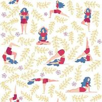 Yoga seamless pattern woman is engaged. Yoga poses, lotus, monstera. Health of mind and body vector