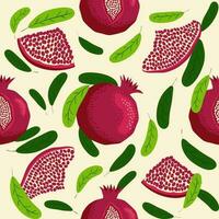 Pomegranate fruit seamless pattern. Bright leaves and fruits, seeds and lobules. Shana Tova seamless pattern vector