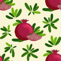 Pomegranate fruit seamless pattern. Bright leaves and fruits, seeds and lobules. Shana Tova seamless pattern vector