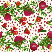 Pomegranate branches with fruits and flowers Seamless pattern. Bright leaves and fruits. Jewish New Year vector