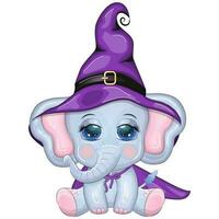 Cute cartoon elephant, childish character in wizard hat with pumpkin, potion or broom, halloween vector