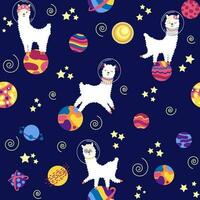 Seamless pattern with lama in a rocket, in space. Lama travels, adventures among the stars. Cute pattern with alpaca vector