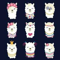 llama conjunto de linda animales blanco alpaca con diferente bozales vector