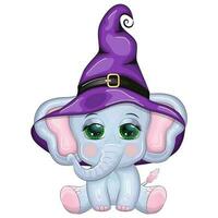 Cute cartoon elephant, childish character in wizard hat with pumpkin, potion or broom, halloween vector